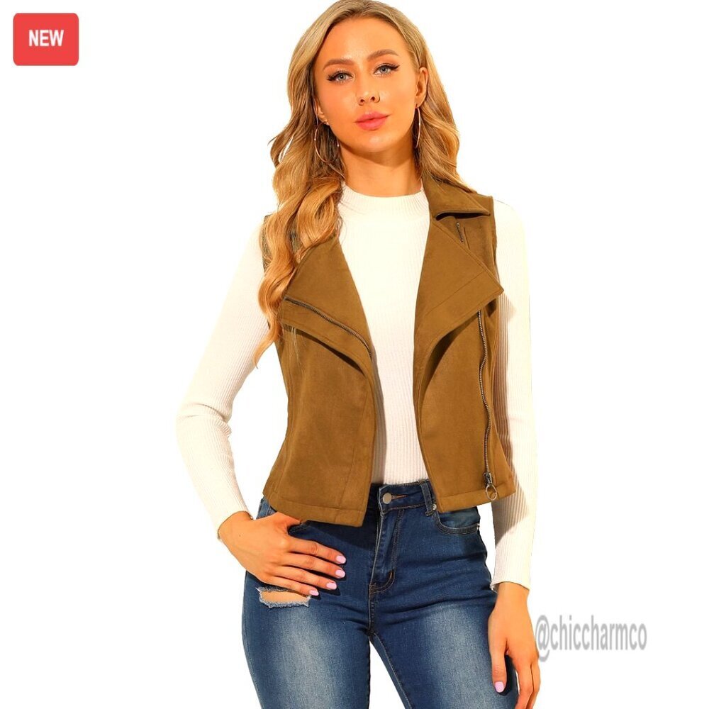 Faux Suede Moto Vest Asymmetrical Zip Sleeveless Biker Jacket